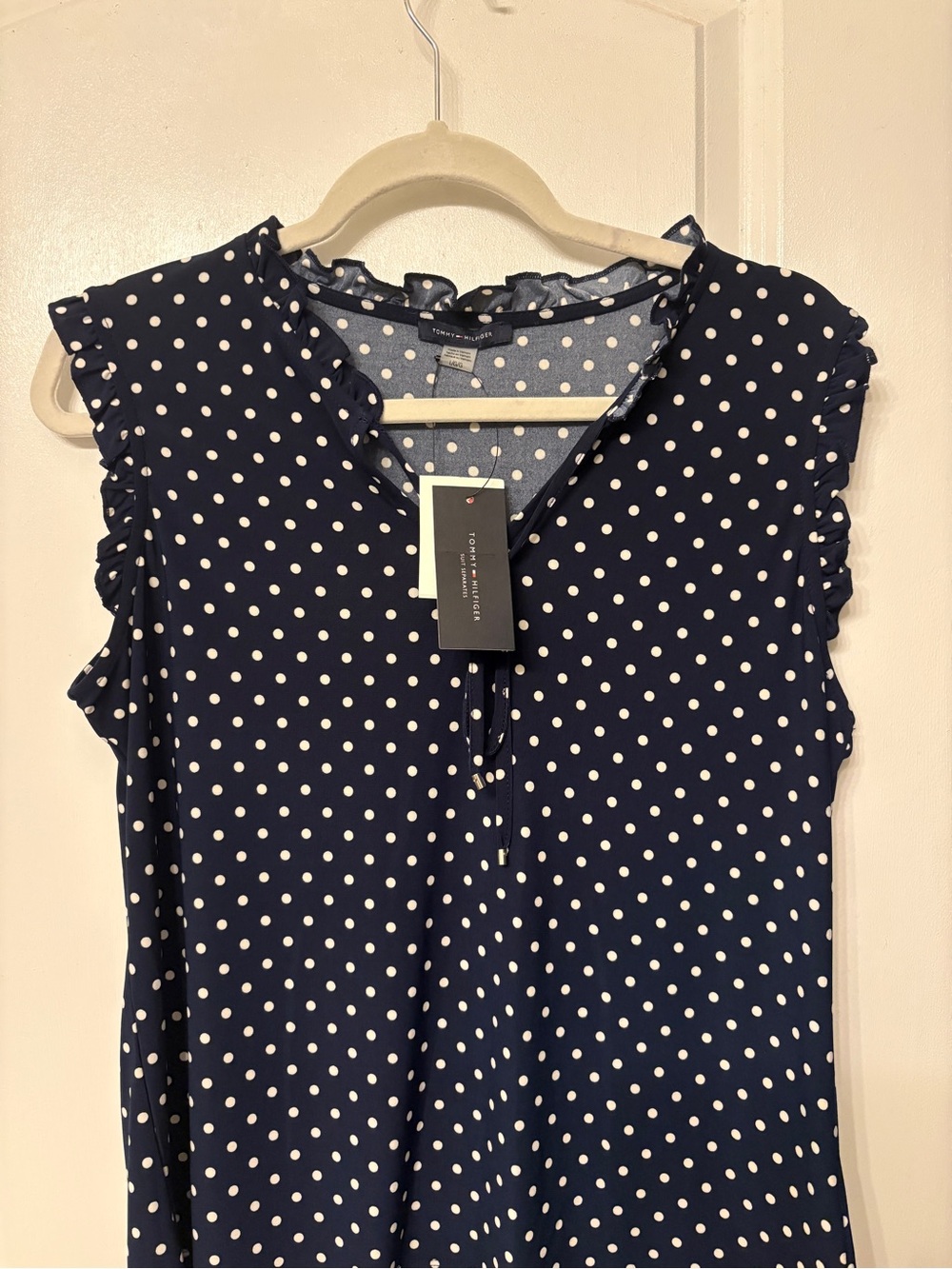 Tommy Hilfiger Navy and White Polka Dot Ruffle Shell Top